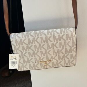 Michael Kors Monogram Cream and Brown Crossbody Bag